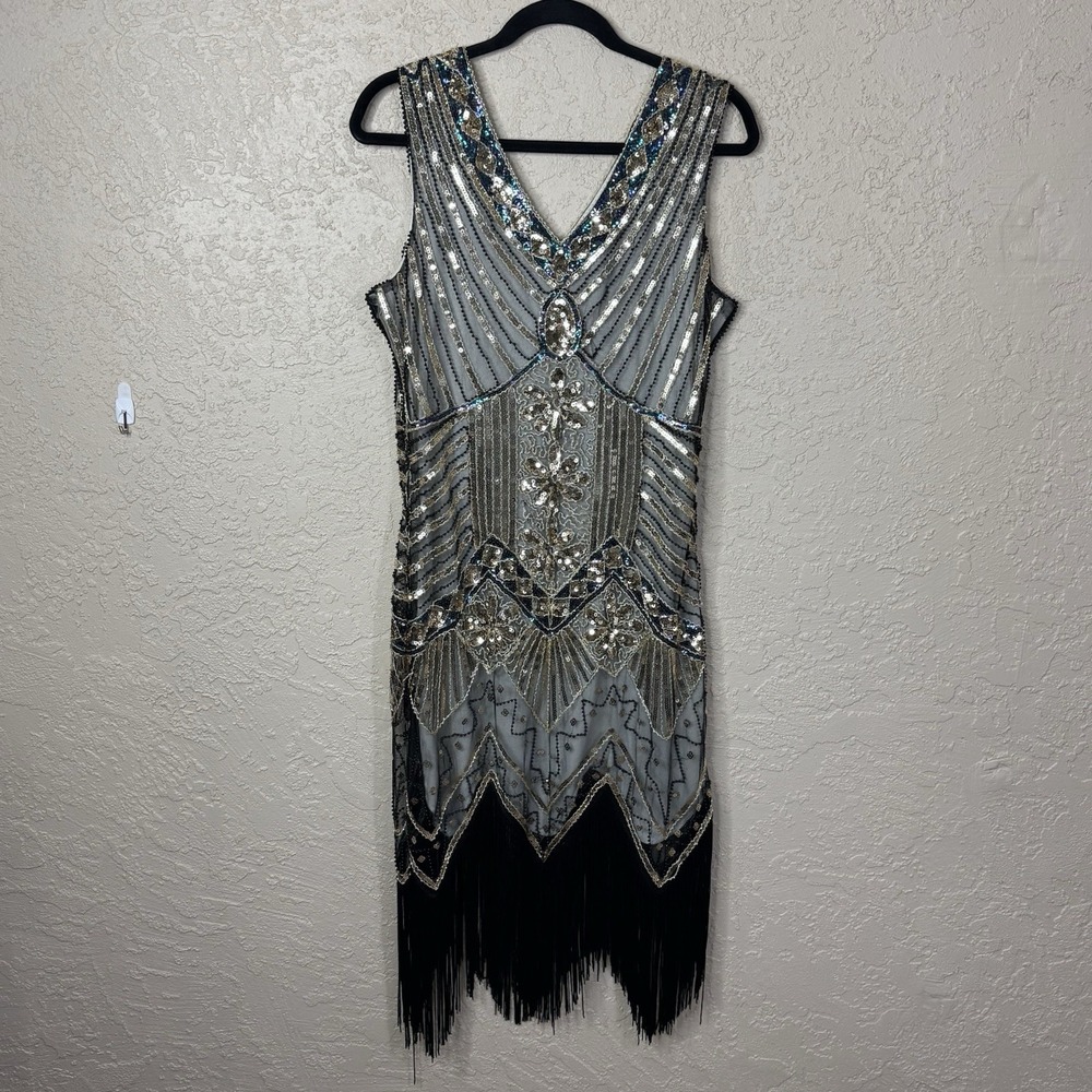 Metme Roaring 1920s Flapper Dress Womens Small Black Gold Sequin Fringe Gatsby